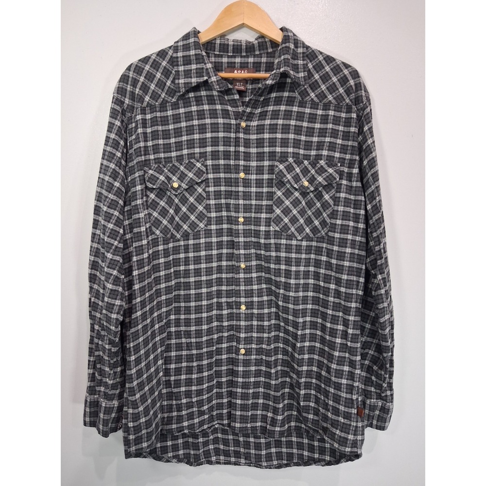 Moose Creek Mens XLT Grey Plaid Western Pearl Snap Flannel Shirt Cotton Tall
